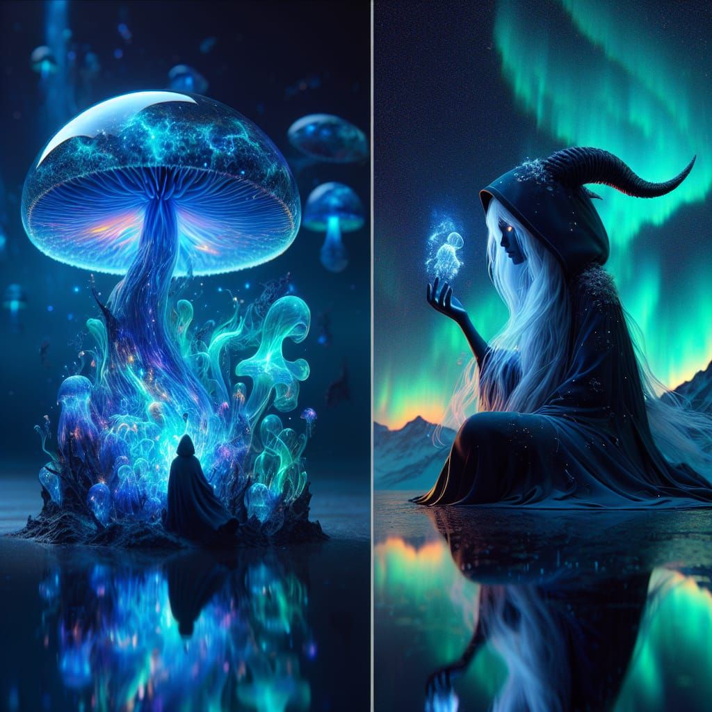 Blue Plasma Mushroom and Nomad in Aurora Light
