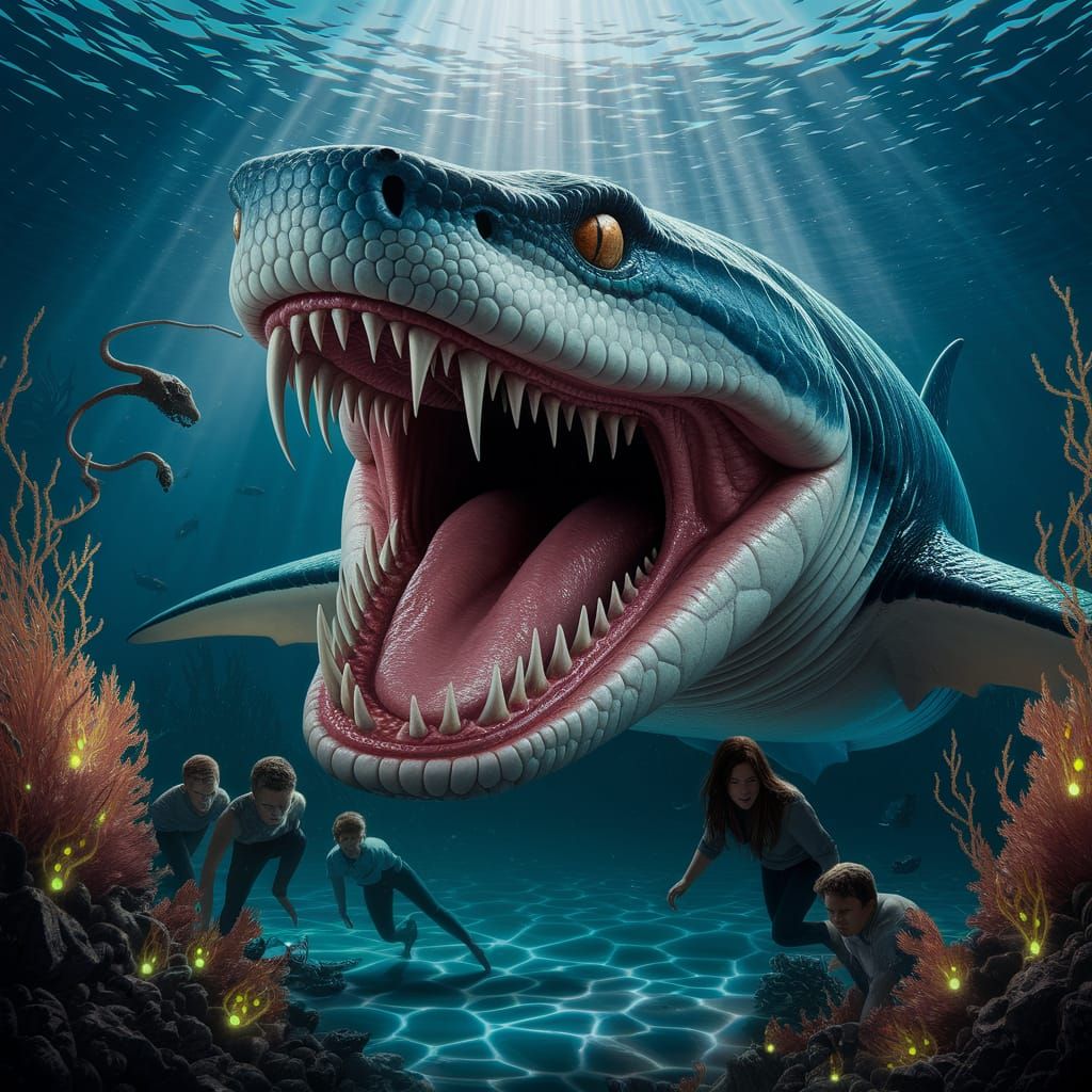 Surreal Underwater Scene of a Titanoboa-Megalodon Hybrid Dev...