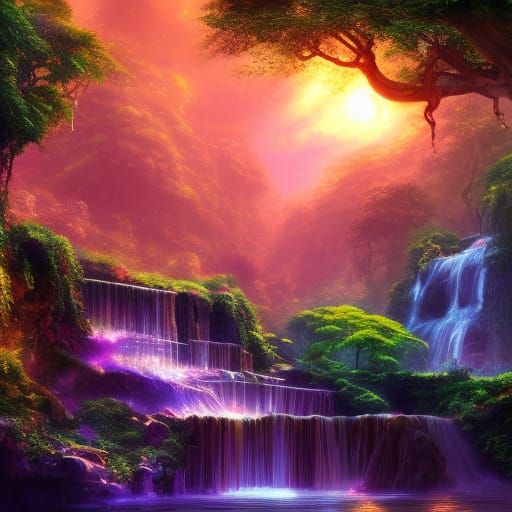 Sapphire Waterfall in Solarpunk Congolese Jungle