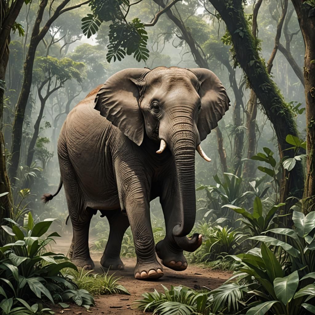 Worried Elephant Running Through Jungle