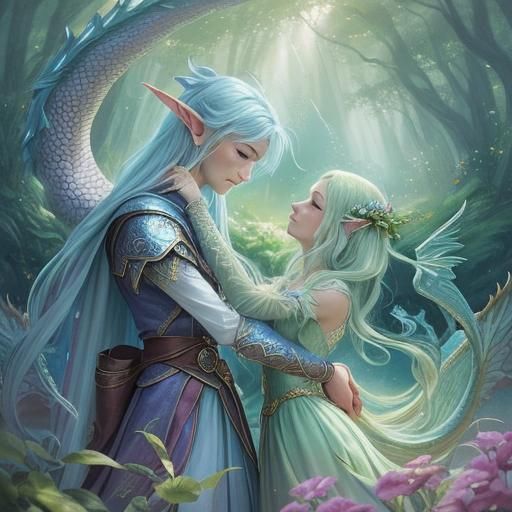 Elf and Half-Dragon Child in Enchanted Forest