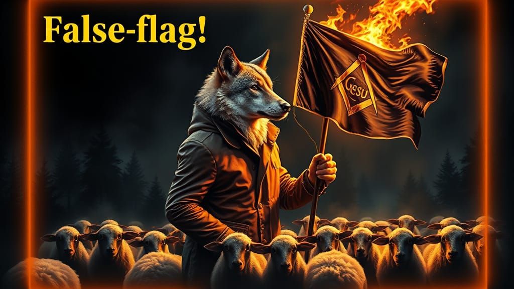 Alcohol Ink Wolf with Masonic Flag in Fiery Aura