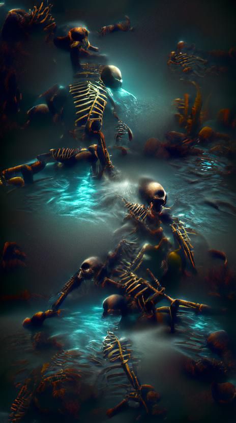 Skeleton in Underwater Purgatory: 3D Artstation Darkness