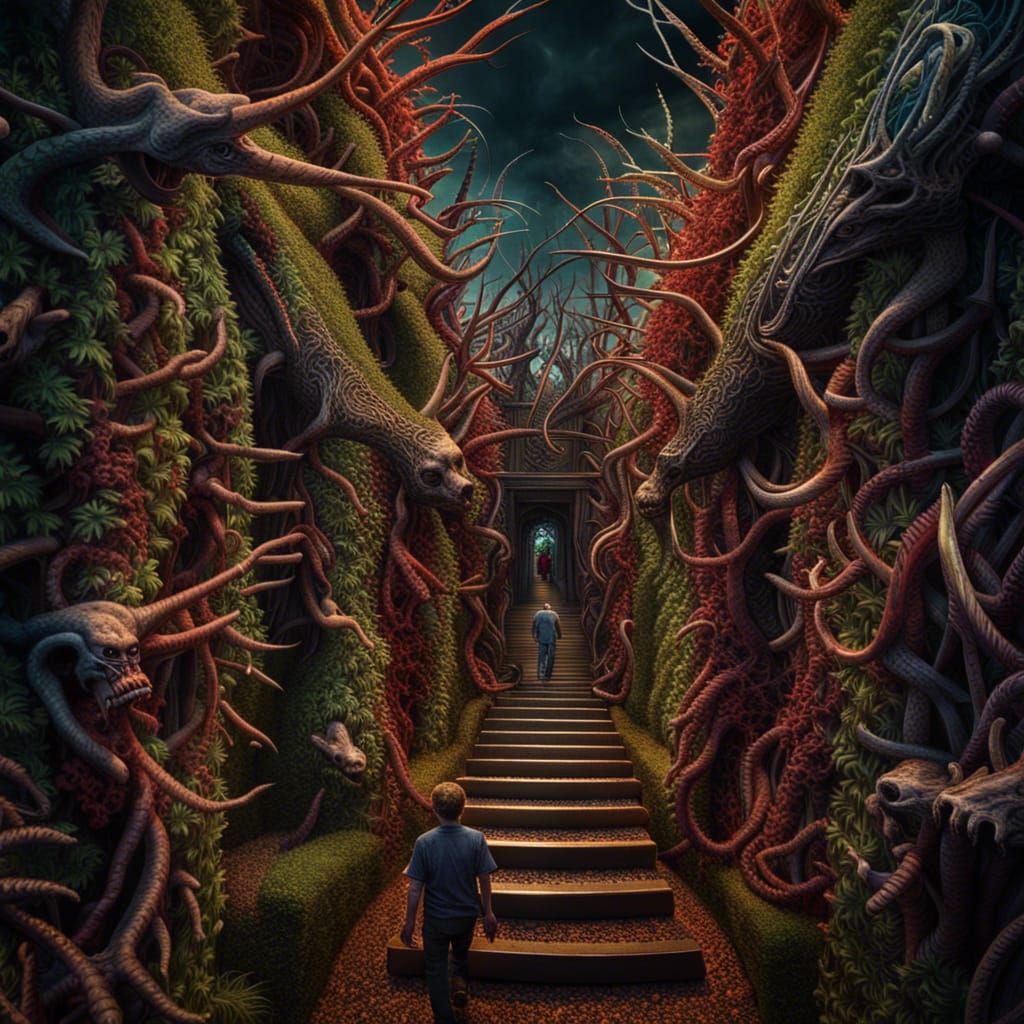 Demons Chase People Through Ornate Hedge Maze