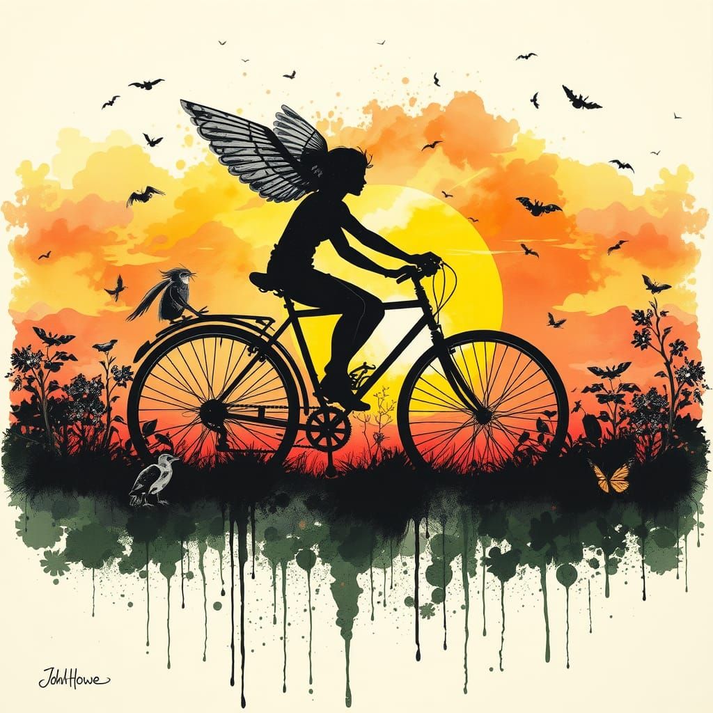 Ink Splatter Art: Mystical Bicycle and Sunset