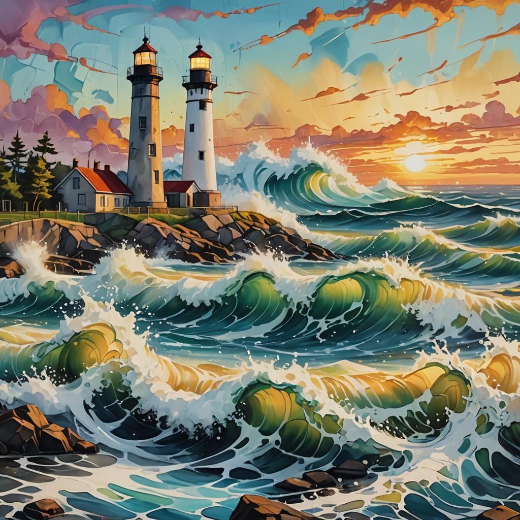 Graffiti Waves Crashing on Lighthouse at Dawn
