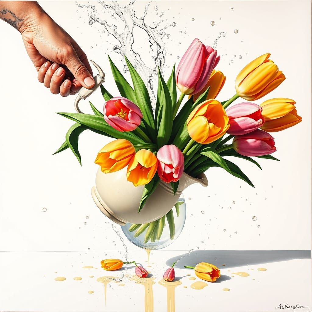 Vibrant Tulips Spill Out of Antique Vase in Whimsical Art St...