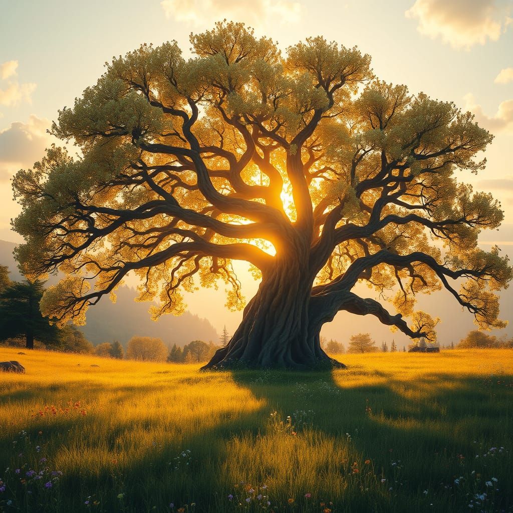 Ethereal Tree in Golden Sunset Landscape