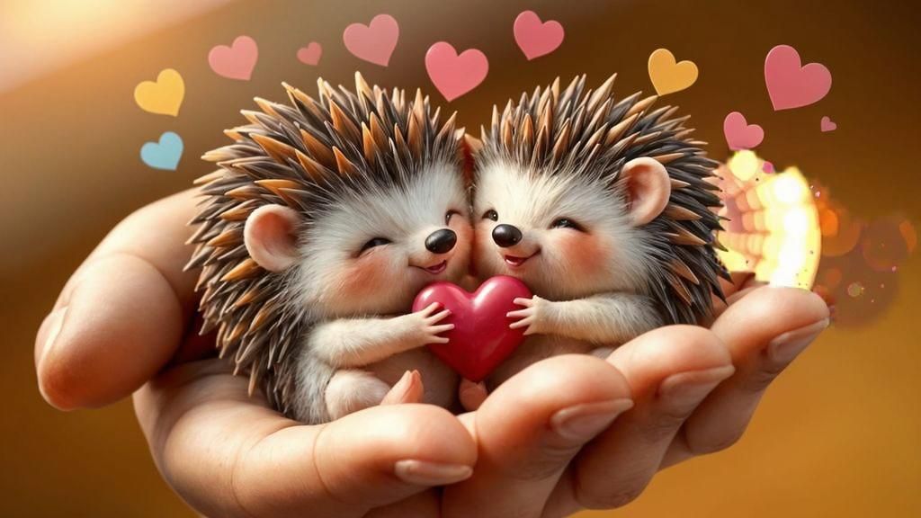 Cartoon Hedgehogs Hugging with Hearts CGI Render