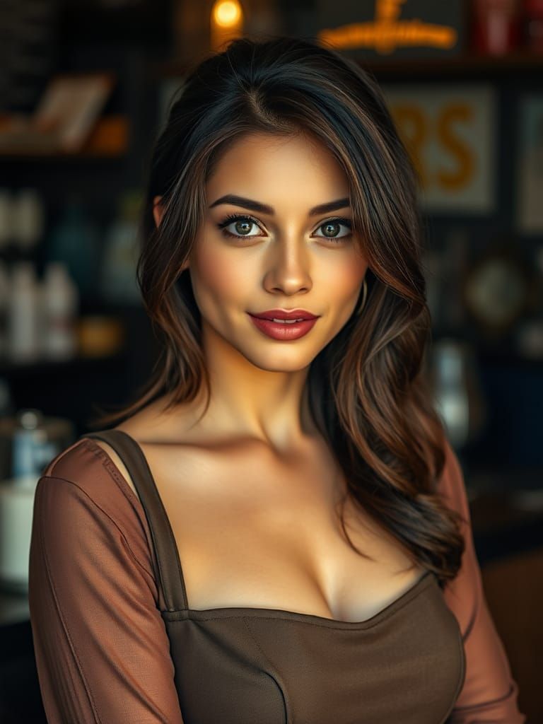 Photorealistic Portrait of a Barista in Elegant Dress