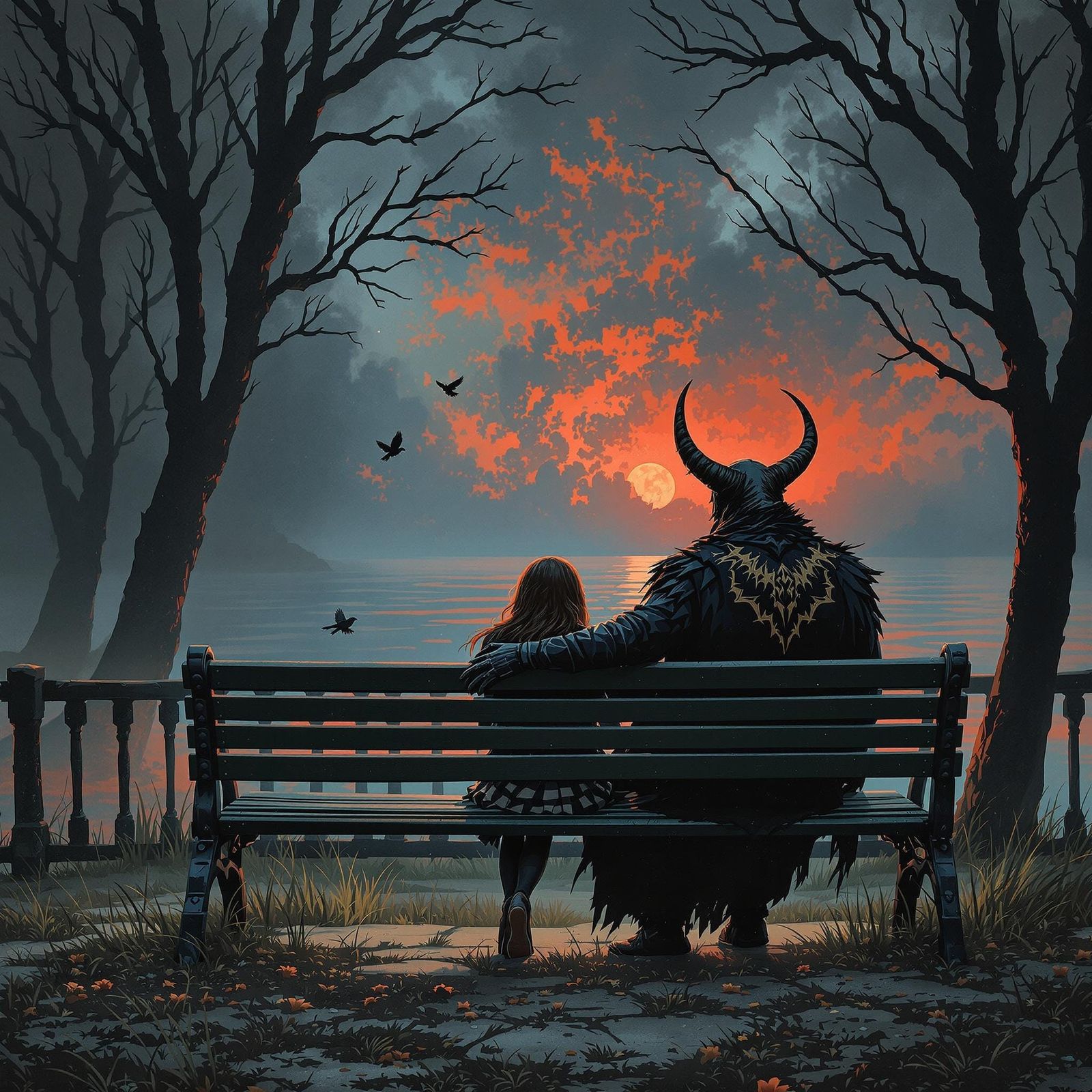 Surreal Doom Landscape with Girl and Birds on a Park Bench