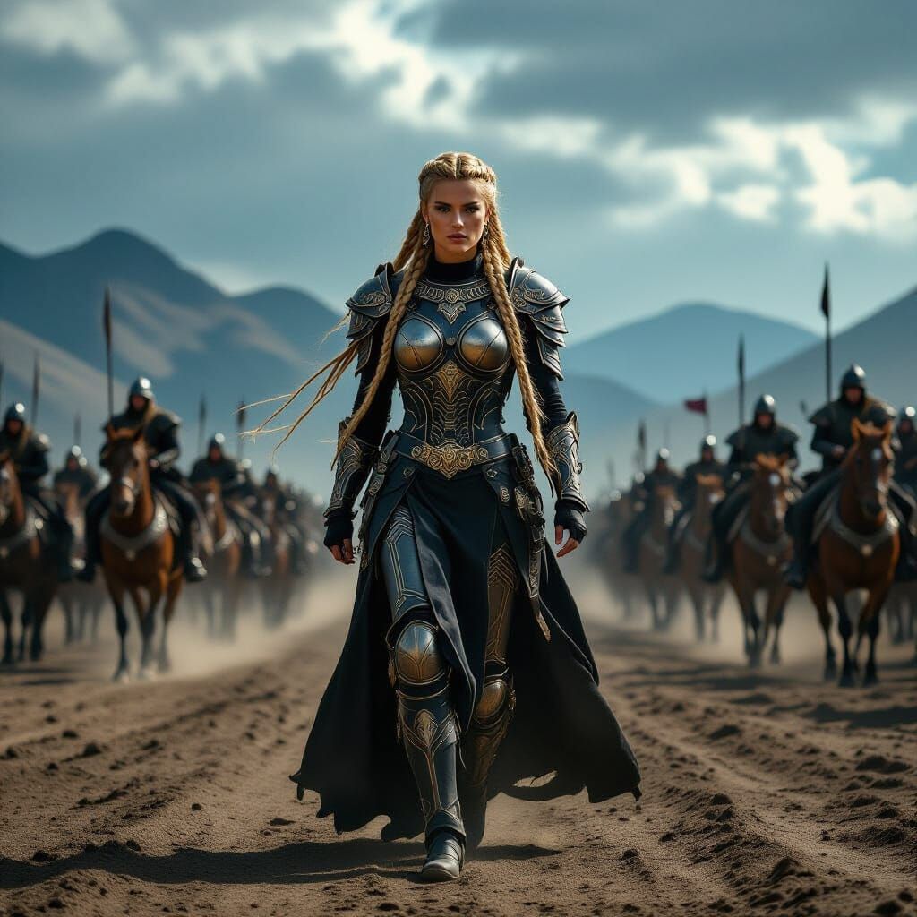 Warrior Woman in Black and Gold Armor on Battlefield
