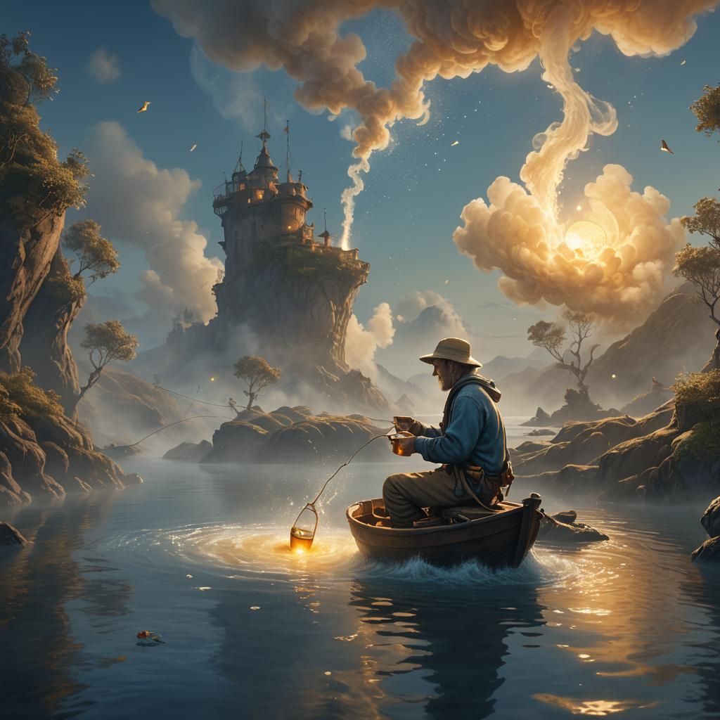 Mini Fisherman Fishing in Tea Cup