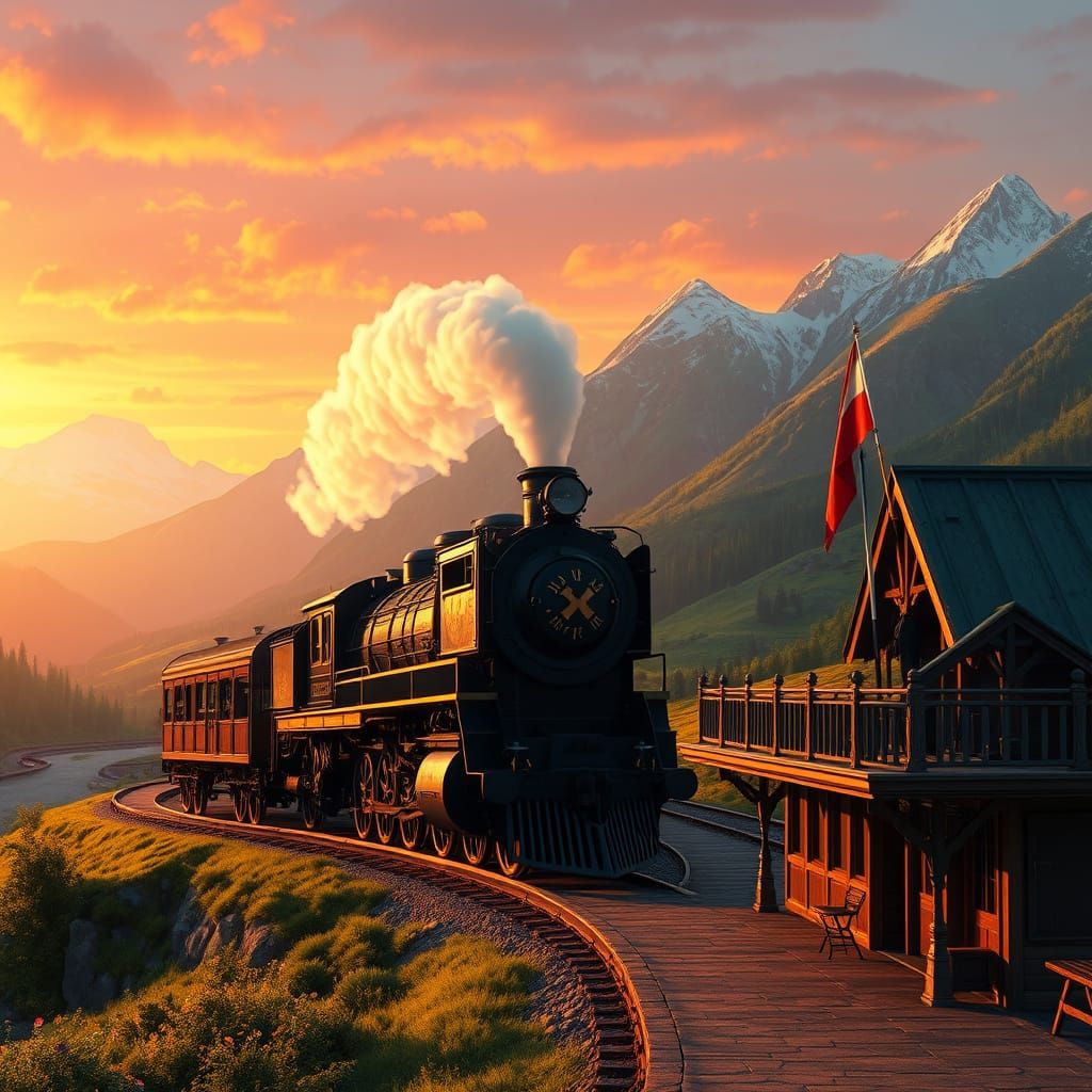 Golden Hour Valley Scene with Vintage Train