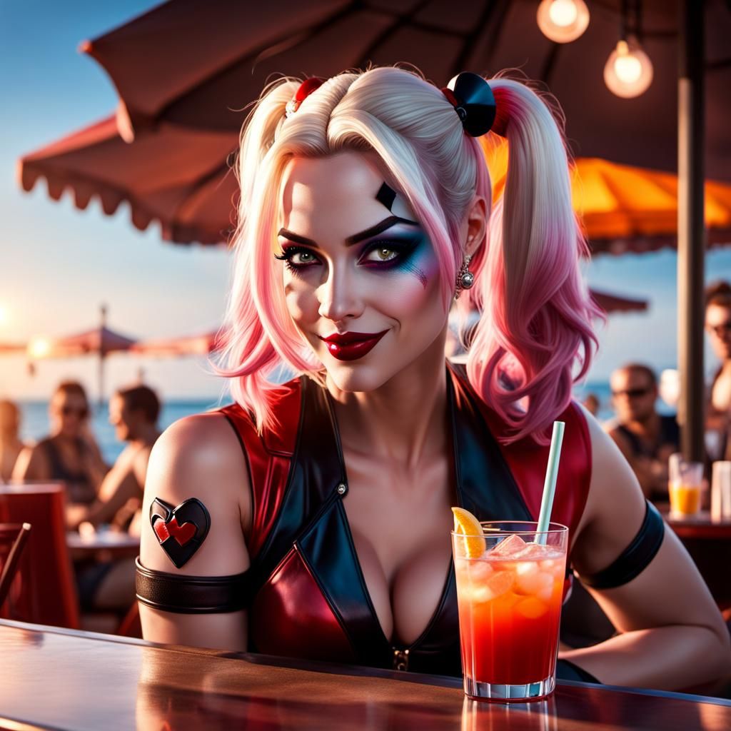 Harley Quinn at a beach cafe