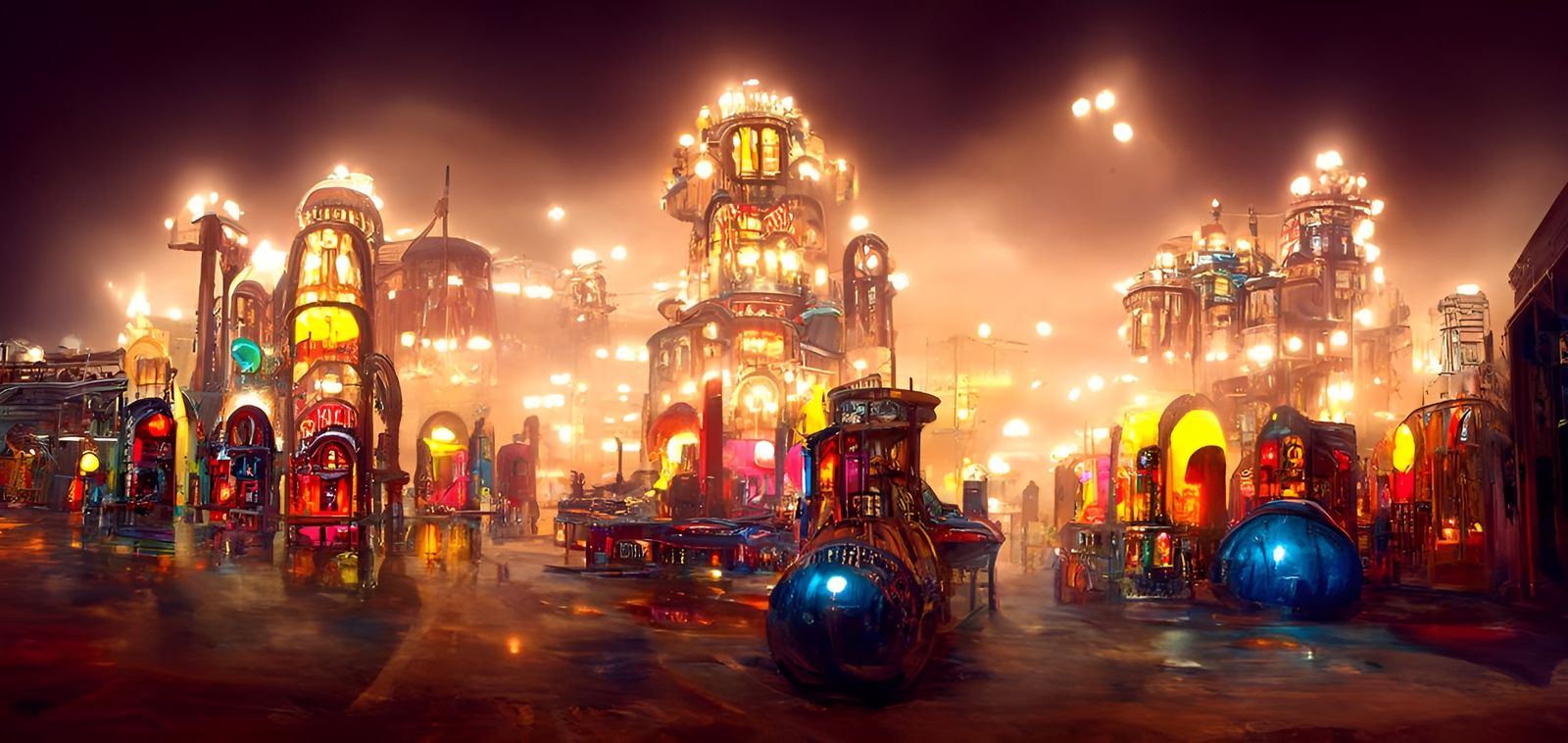 Steampunk Casino City at Night in Kinetic Pointillism