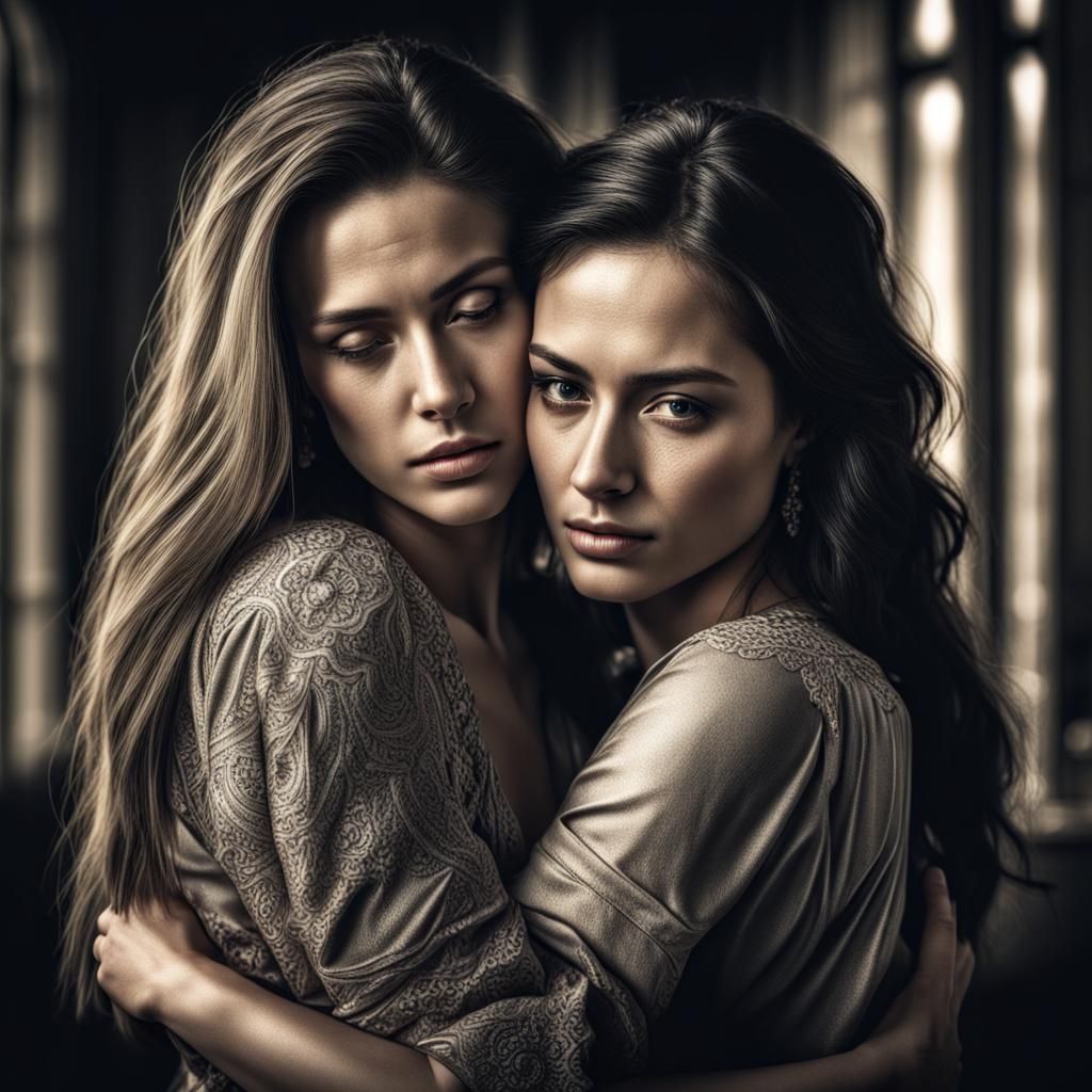 Beautiful Women Share an Emotional Embrace