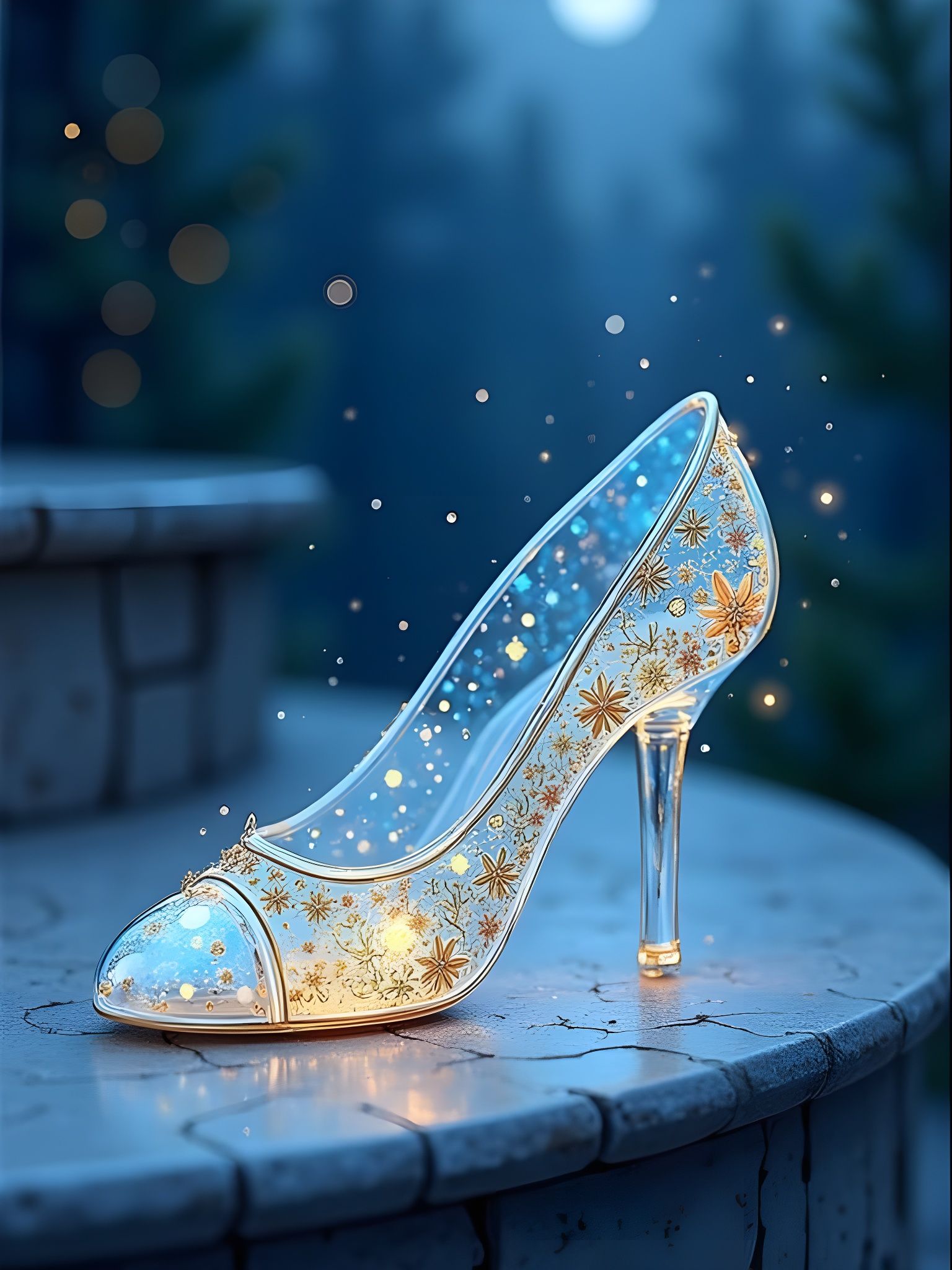 Cinderella's Glowing Glass Slipper on Marble Step