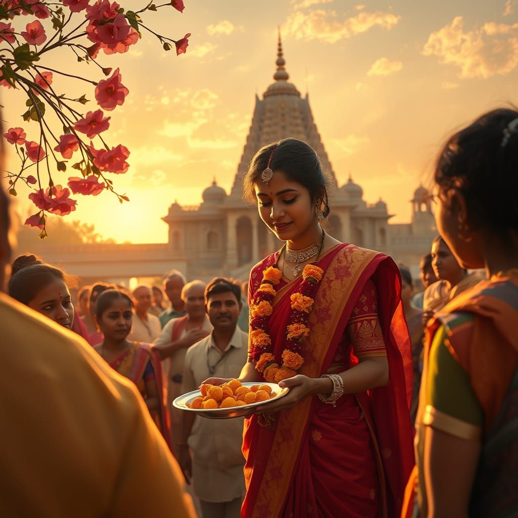 A Young Indian Woman Offers Prasad in a Vibrant Temple Setti...