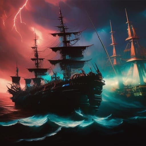 Cyberpunk Pirate Ship Amidst Stormy Chaos