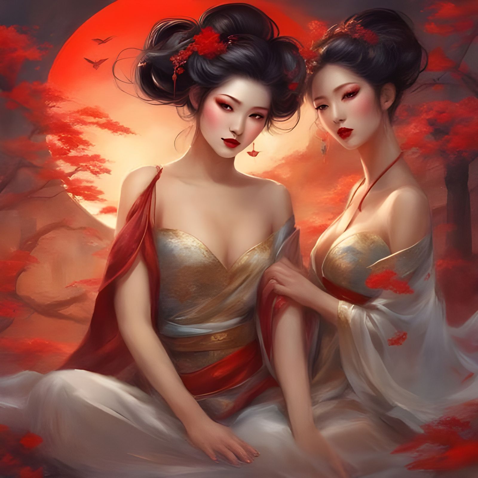 Geishas in Love: Sensual Portrait in Red and Black