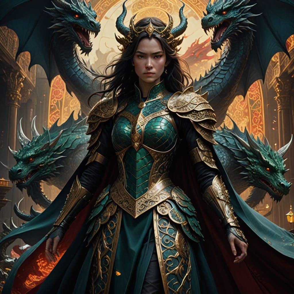 Dark Baroque Warrior Confronts a Majestic Dragon