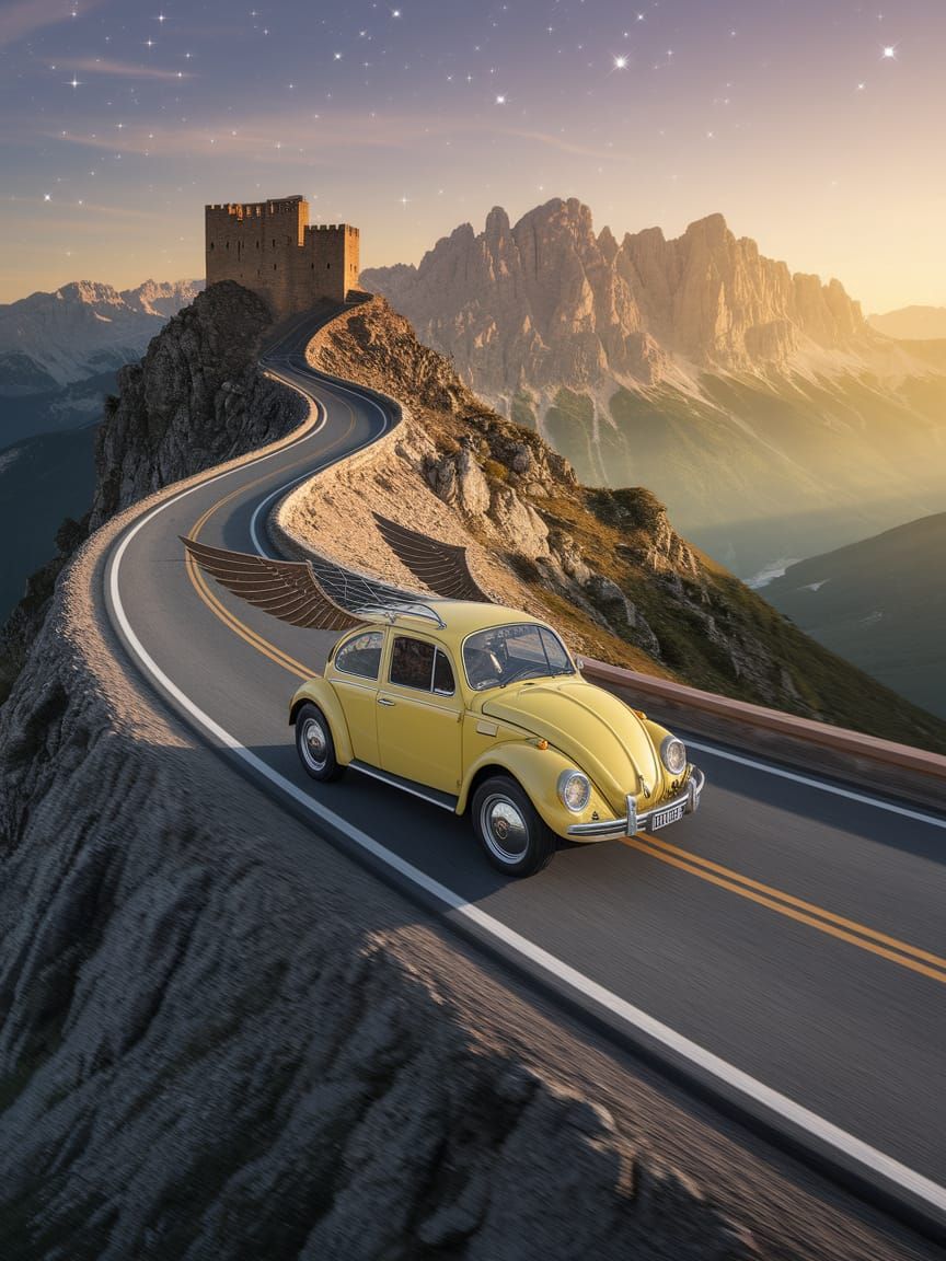 Steampunk Beetle Car Takes Flight at Sunrise