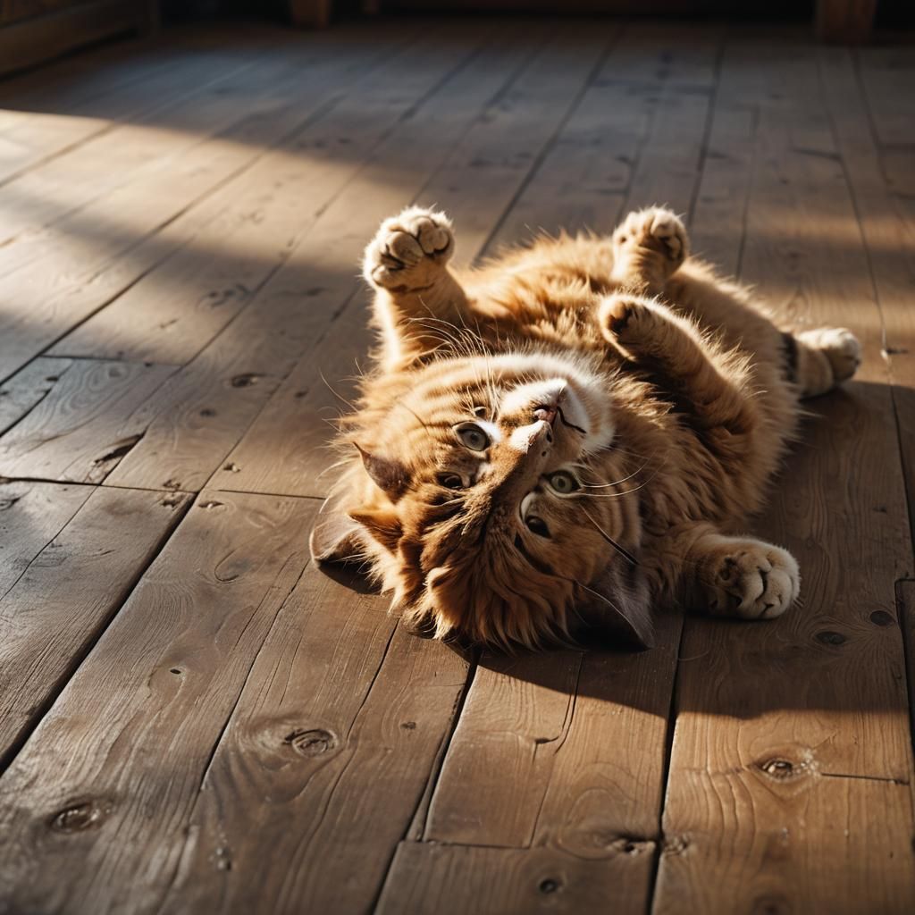 Fluffy Cat Rolls on Worn Wooden Floor