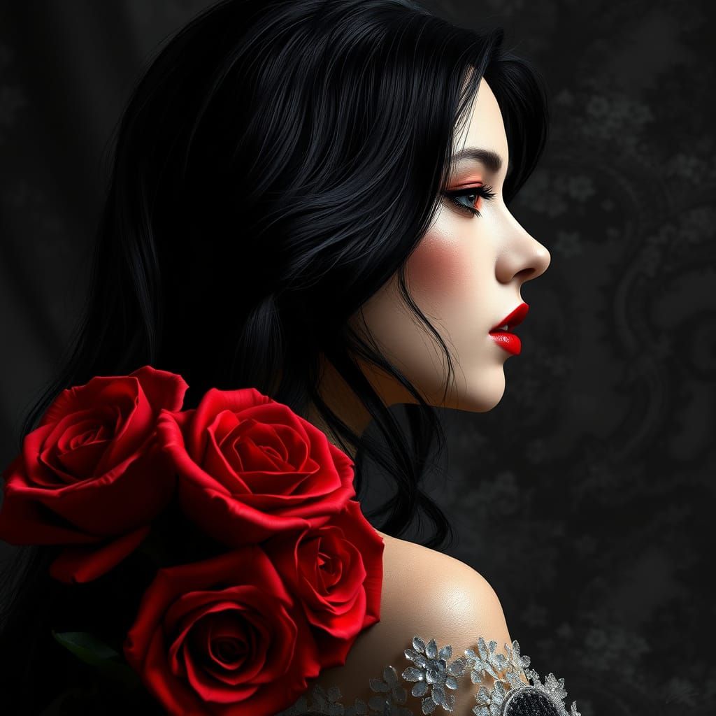 Elegant Dark-Haired Woman with Crimson Roses in Monochrome