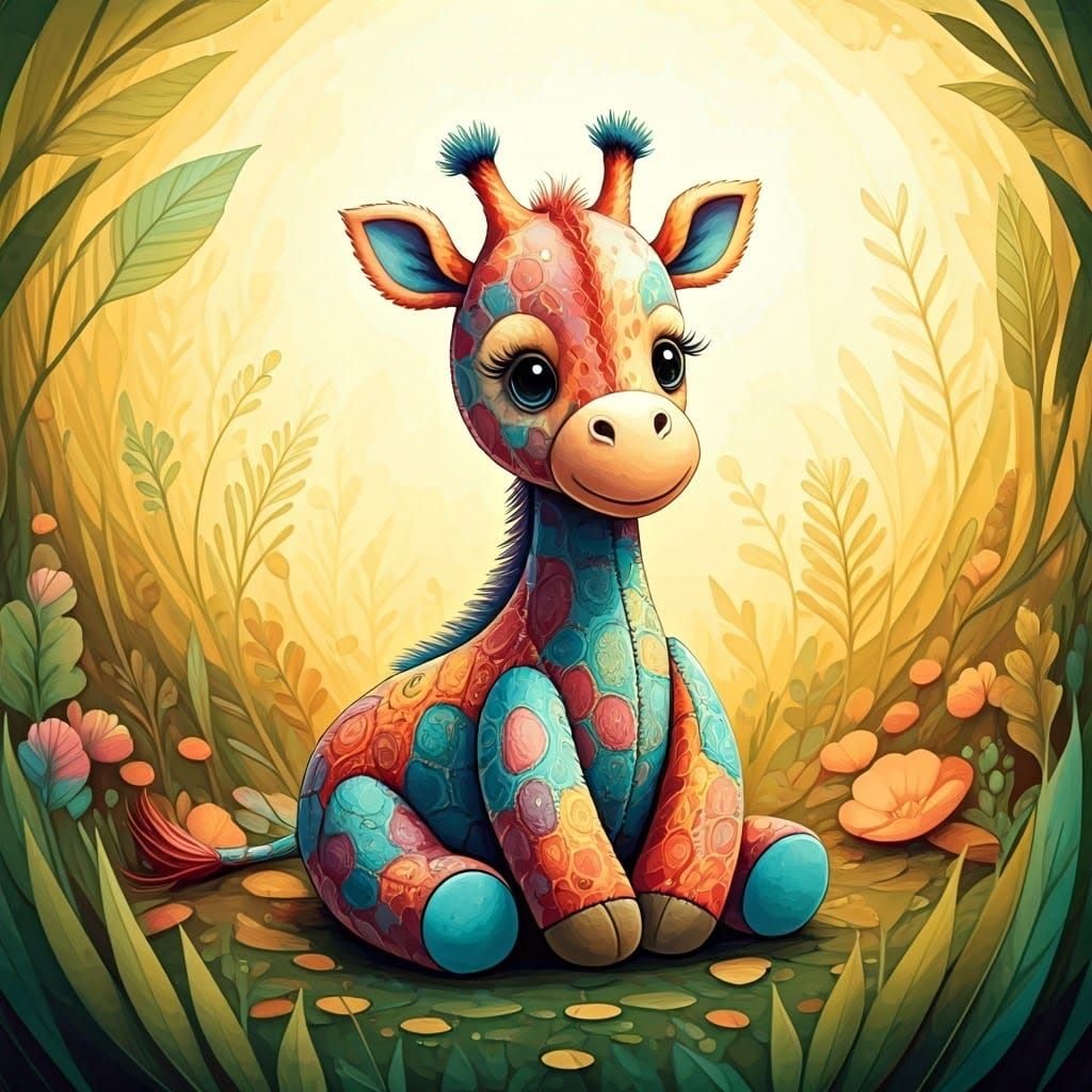 Whimsical Giraffe in Vibrant Floral Meadow