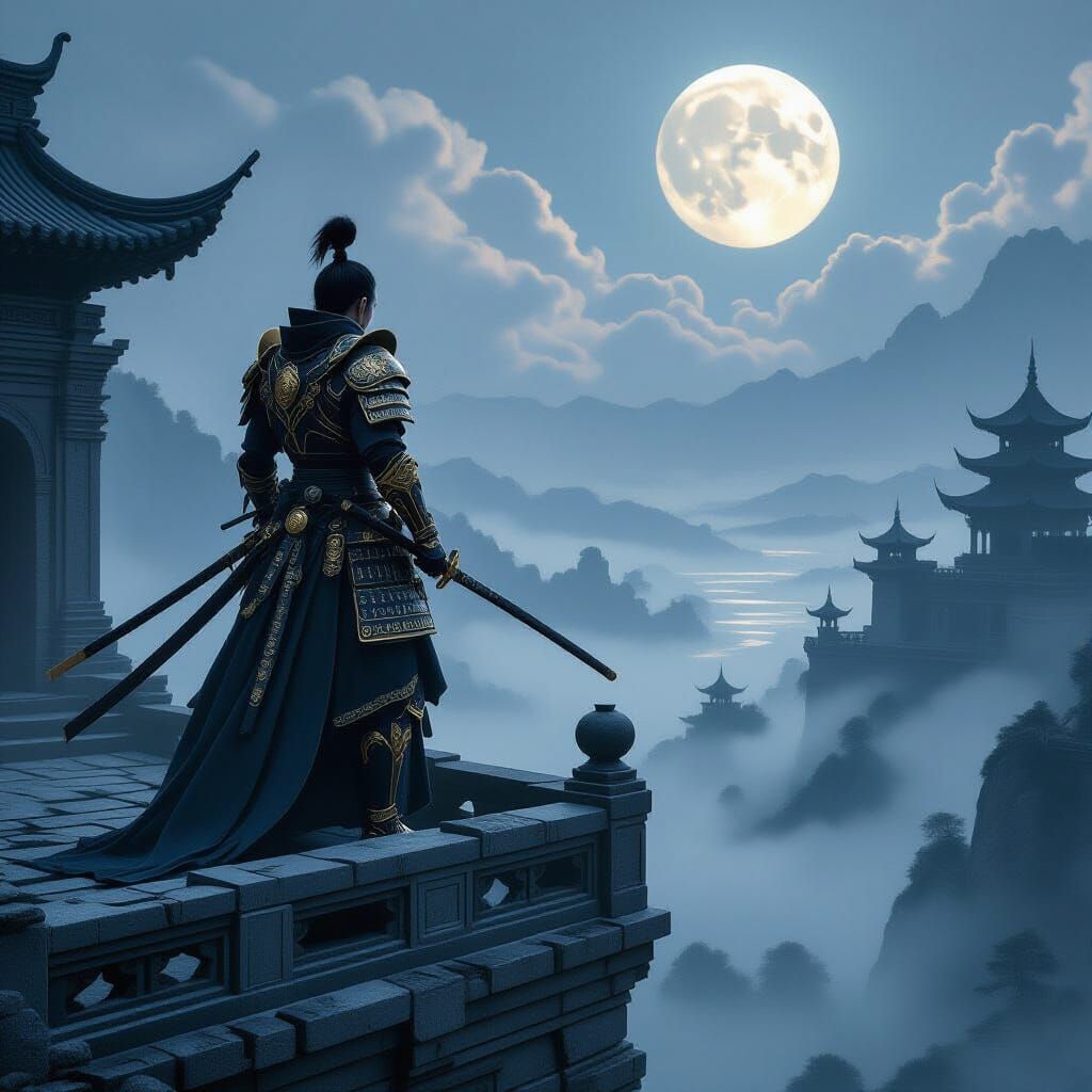 Samurai Warrior on Ancient Citadel in Moonlit Valley
