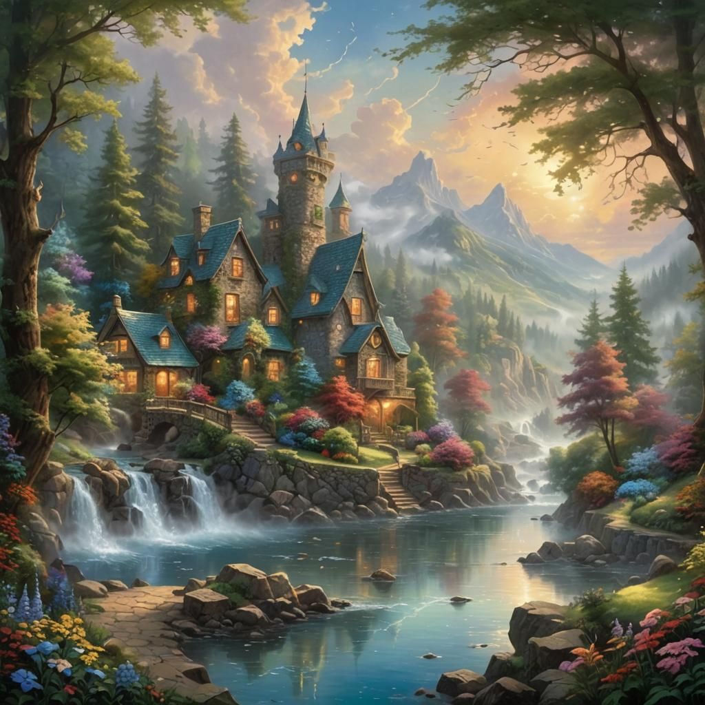 Ethereal Fantasy Landscape in Kinkade Style
