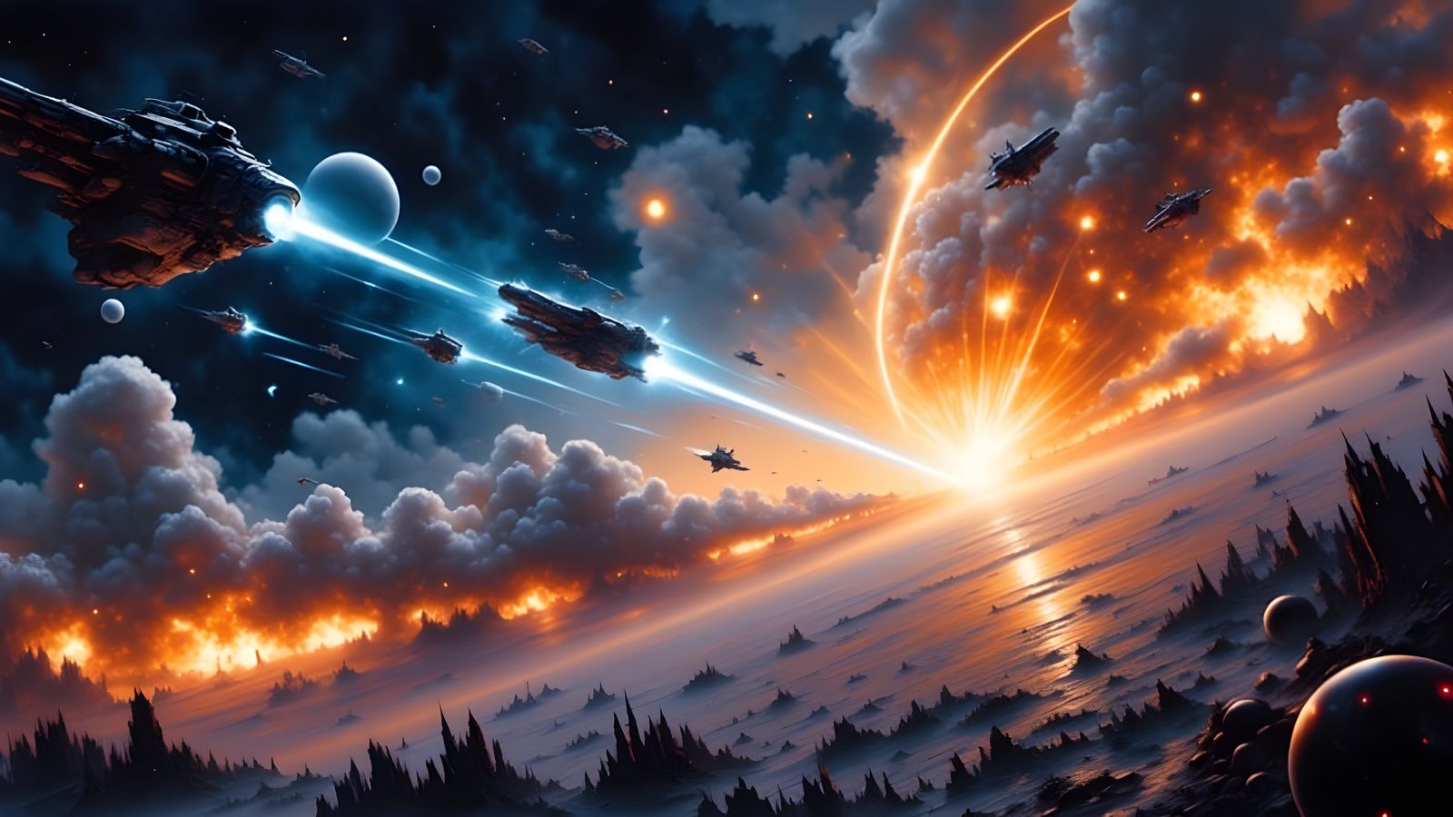 Wide screen shot. Outer Space galactic landscape.  A realist...