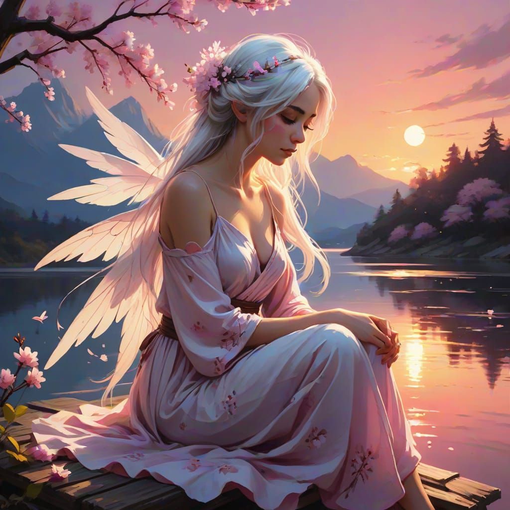 Sad Fairy on Lake Dock at Sunset