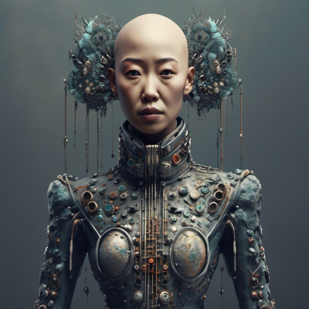 <lora:Portrait Evolved:1.0> (Bald asian woman) (heavy brow ridge) (wearing spore suit) (with neck ring) deep color hyper...