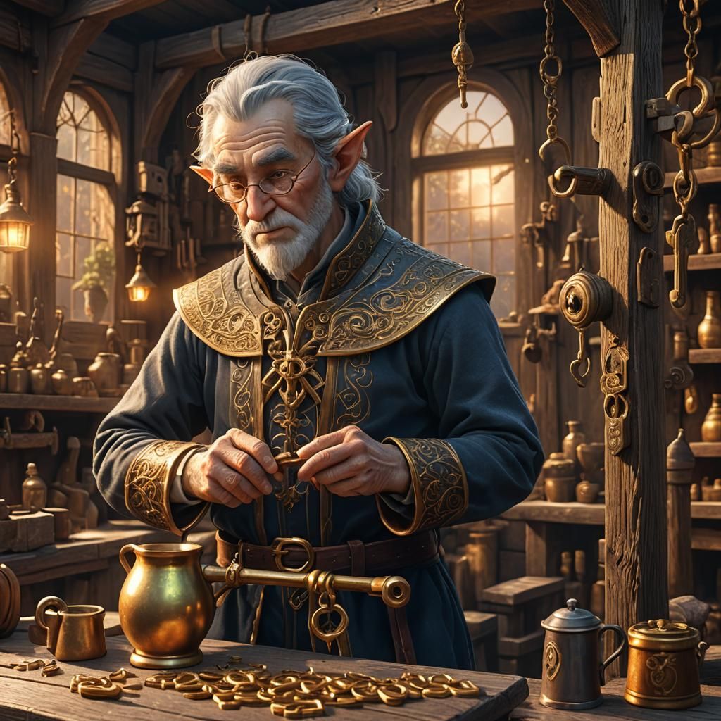 Elf Key Master Crafts Golden Key at Sunset