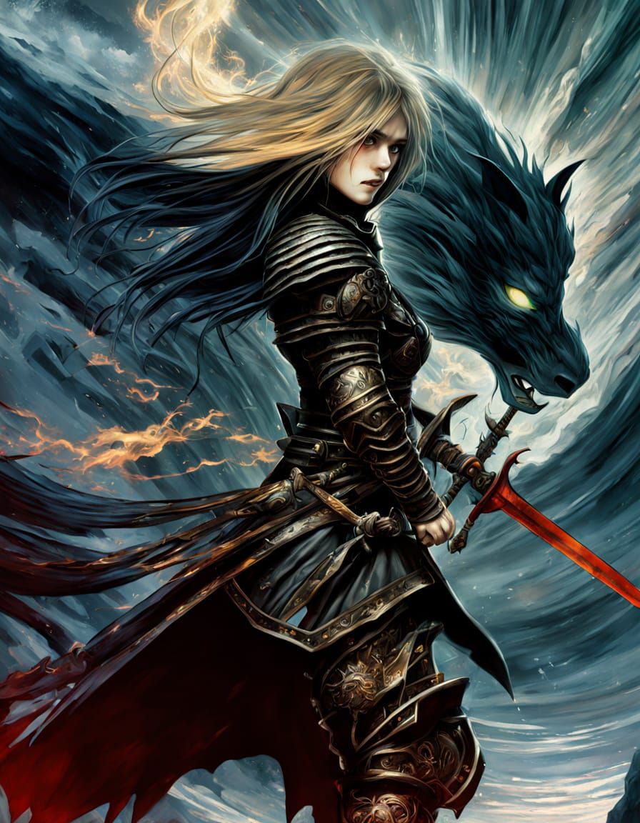 Female Warrior Grips Fiery Sword in Digital Painting