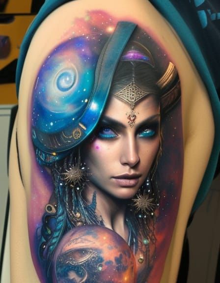 Space Pirate Woman with Galaxy Tattoos as Watercolor