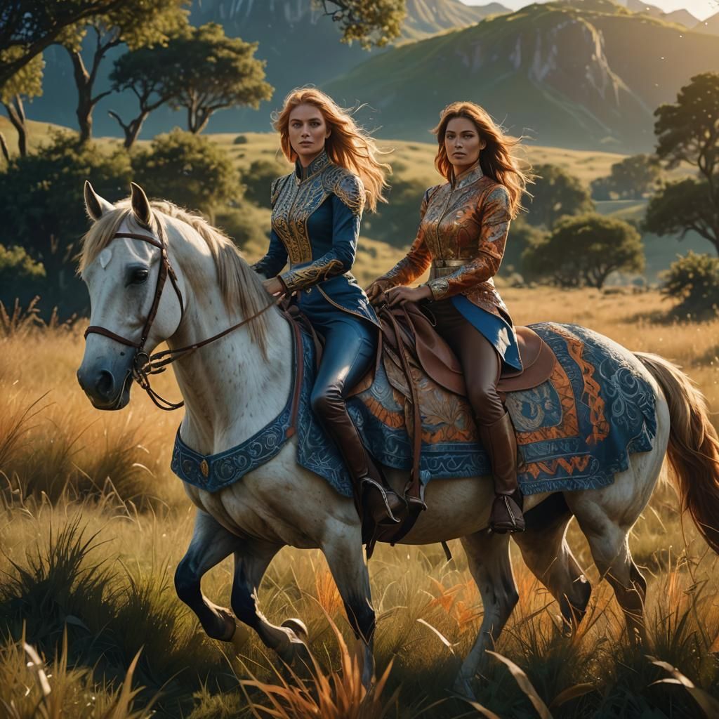 Fantasy Lady Rides Horse in Golden Light
