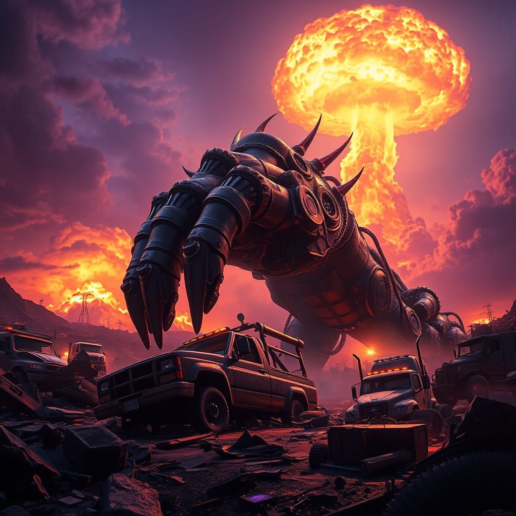 Apocalyptic Robot Hand Monster in Cyberpunk Style