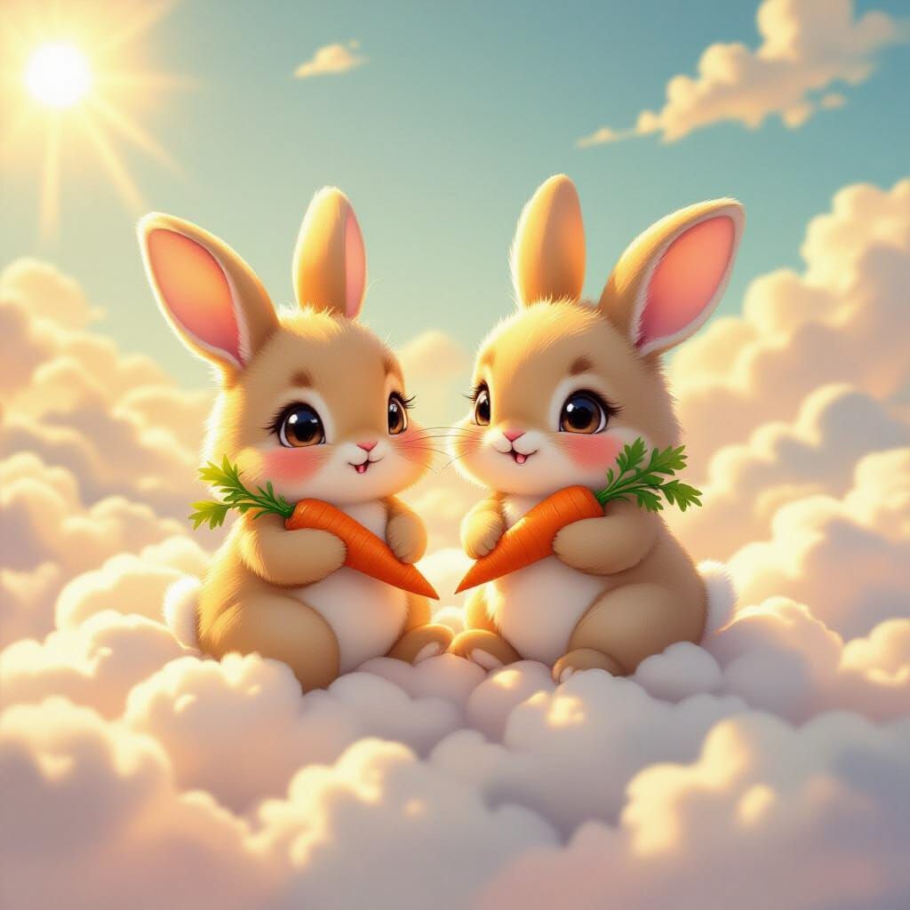 Fluffy Bunnies on Clouds with Carrots in Anime Style