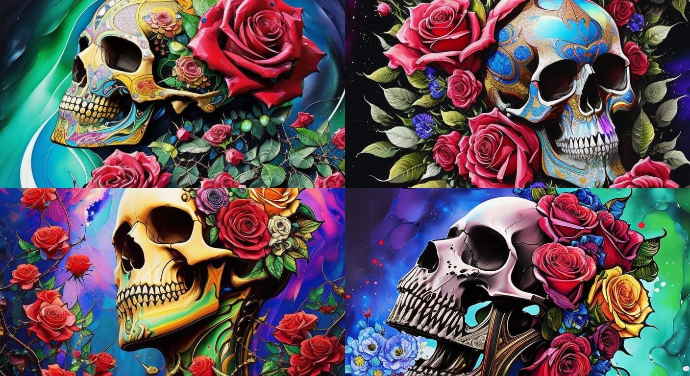 Stained Glass Skull and Roses in Gouache Illustration