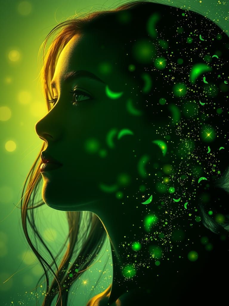 Green Silhouette Portrait with Fireflies
