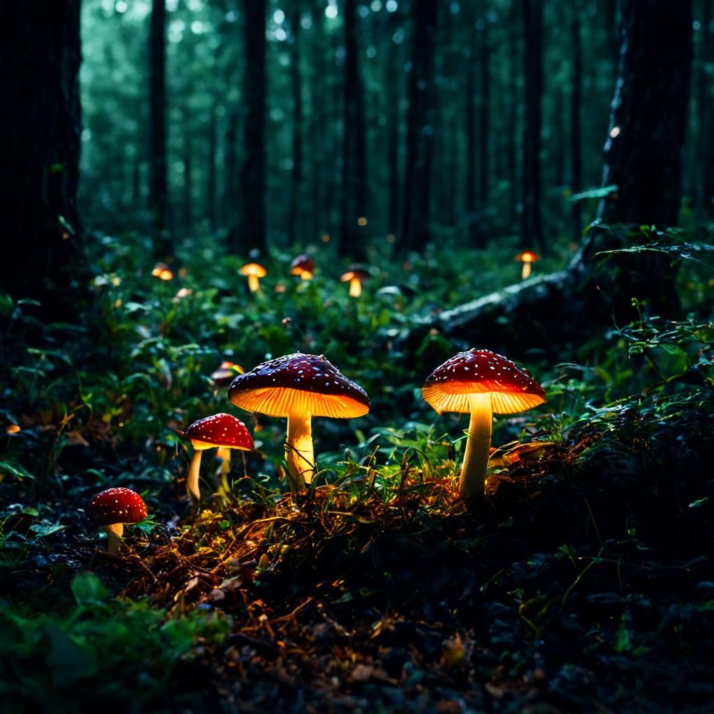 Fireflies Light Mushrooms in Cinematic Forest
