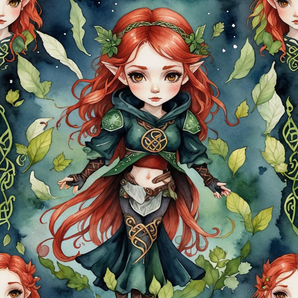 Chibi Celtic Dark Fae with Red Hair in Watercolor