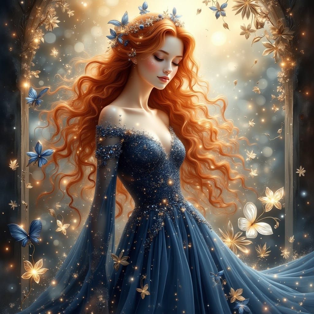 Elegant Redhead in Midnight Blue Gown