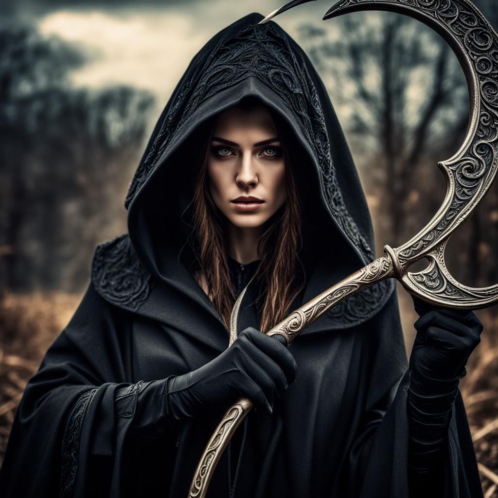 Scythe Wielding Woman in Black Cloak