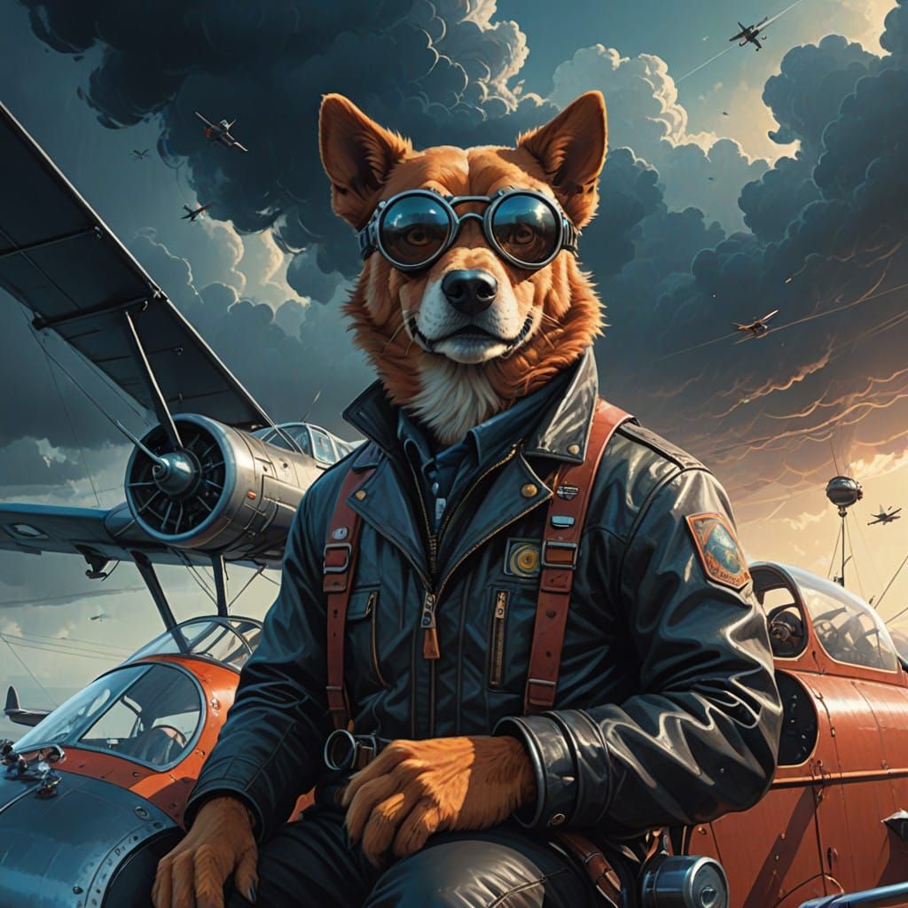 Canine Aviator in Dark Fantasy Biplane