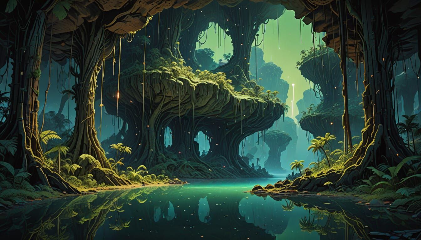 Ethereal Emerald Forest Sways Upside Down in Dark Caverns