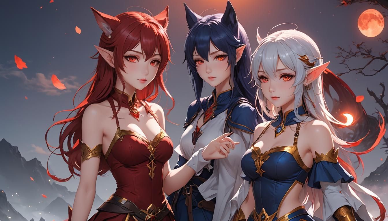 Anime Wolf Girl and Elf Girl at Sunrise